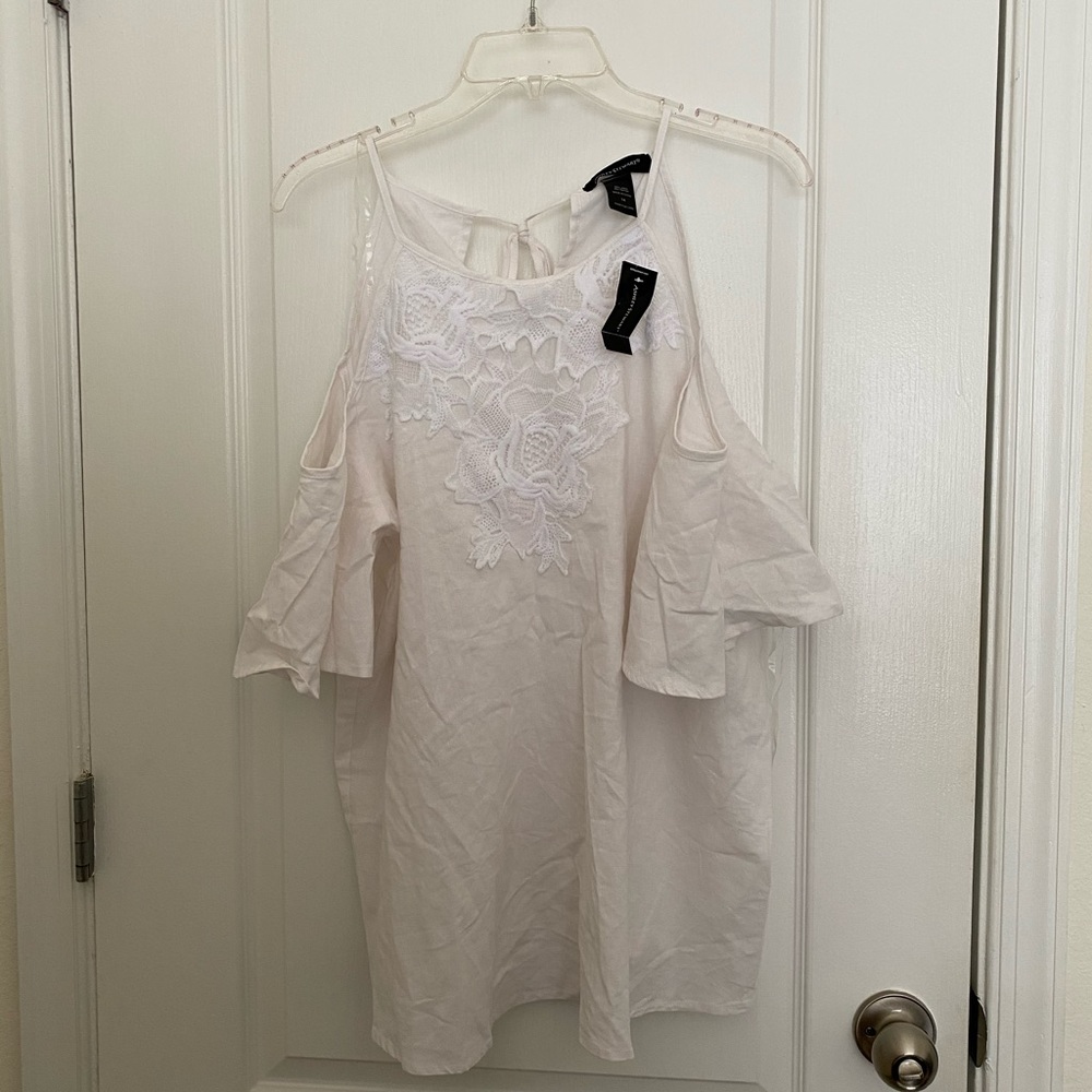 Ashley Stewart Mock Neck Lace Cold Shoulder Top